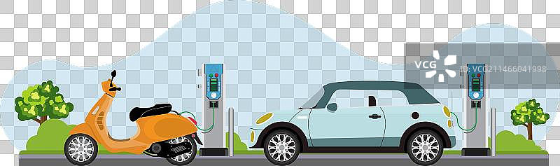 电动汽车和电动滑板车充电图片素材