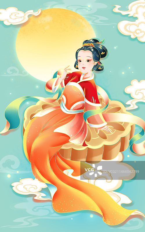 中秋节插画古风女孩吃月饼嫦娥奔月图片素材