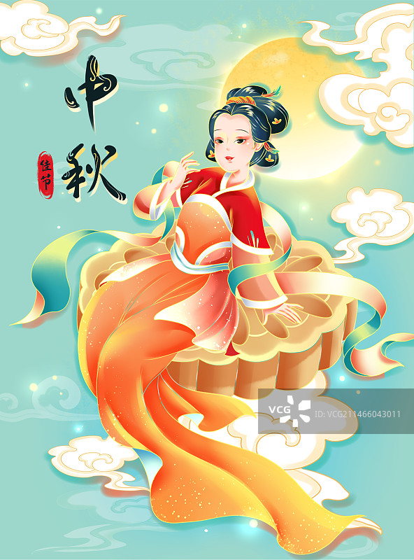 中秋节国风海报嫦娥奔月古风女孩吃月饼海报图片素材