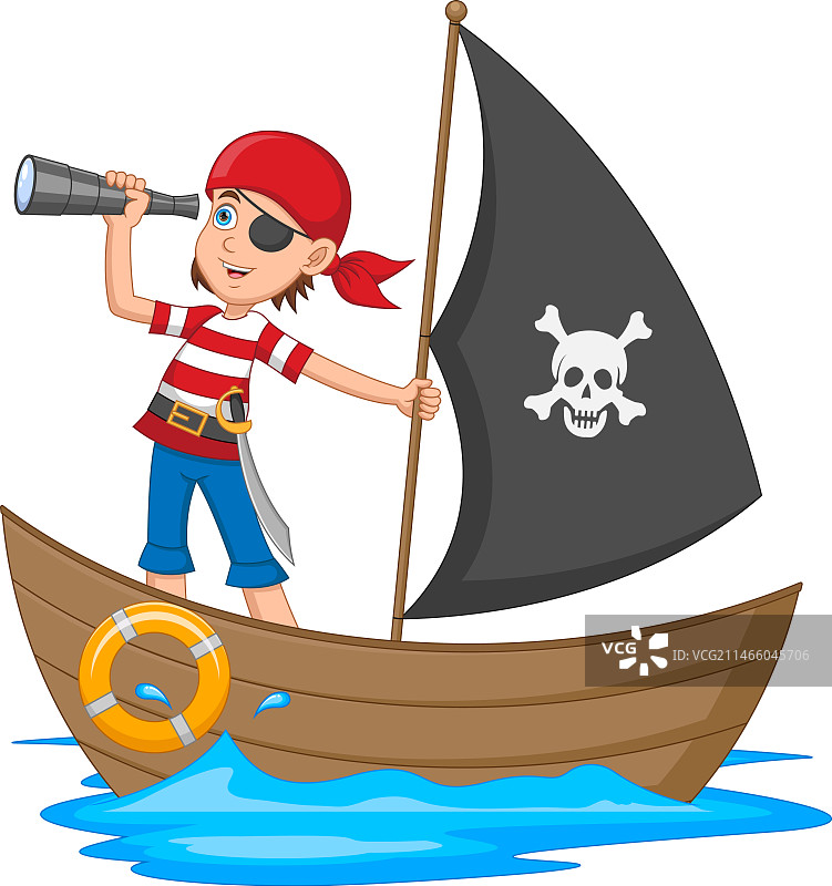 木船上使用双筒望远镜的海盗男孩图片素材
