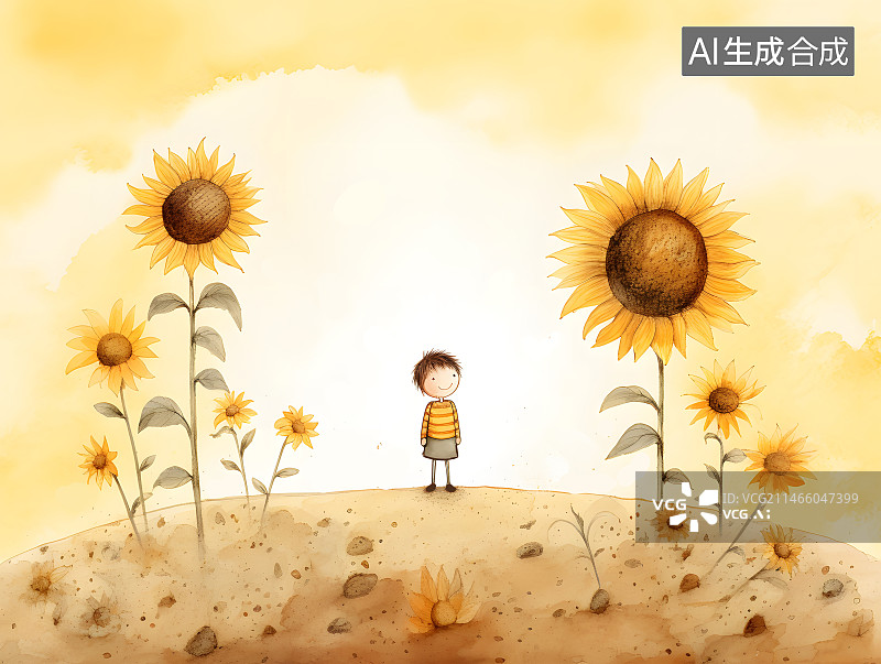 【AI数字艺术】水彩水粉插画海报壁纸向日葵儿童图片素材