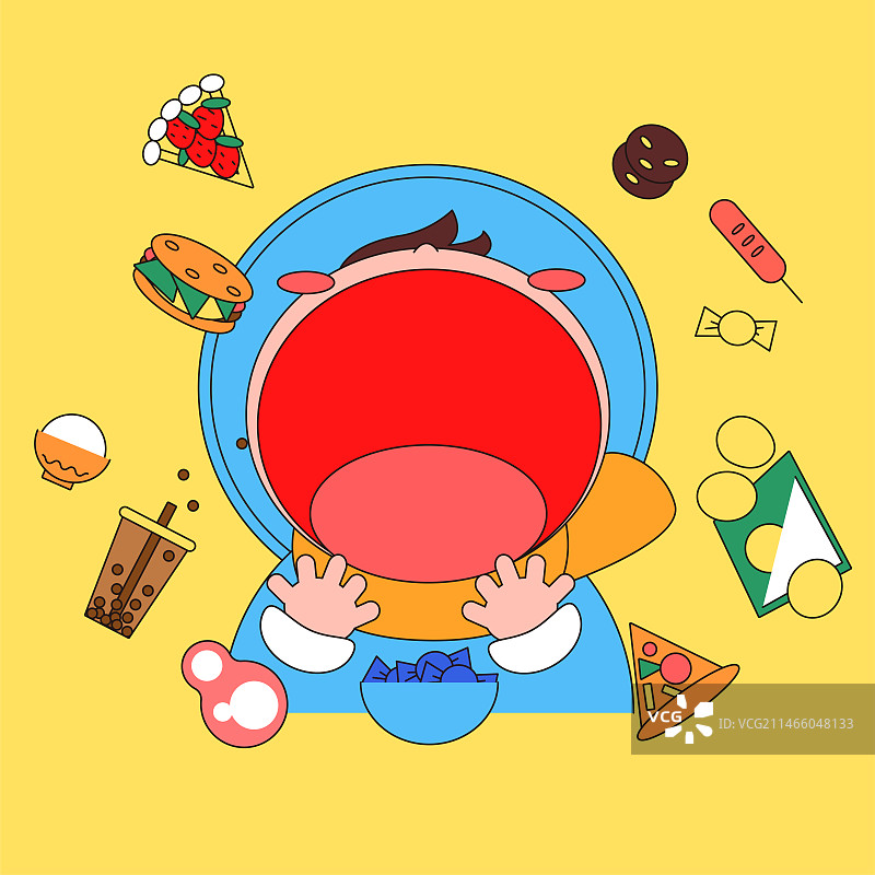 可爱的男孩张大嘴吃东西矢量描边插画图片素材