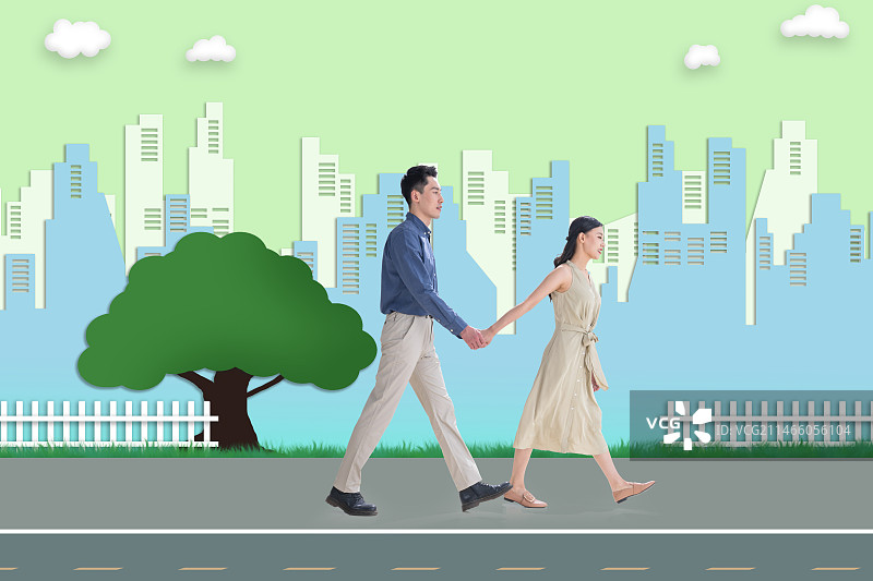 青年情侣手牵手散步图片素材