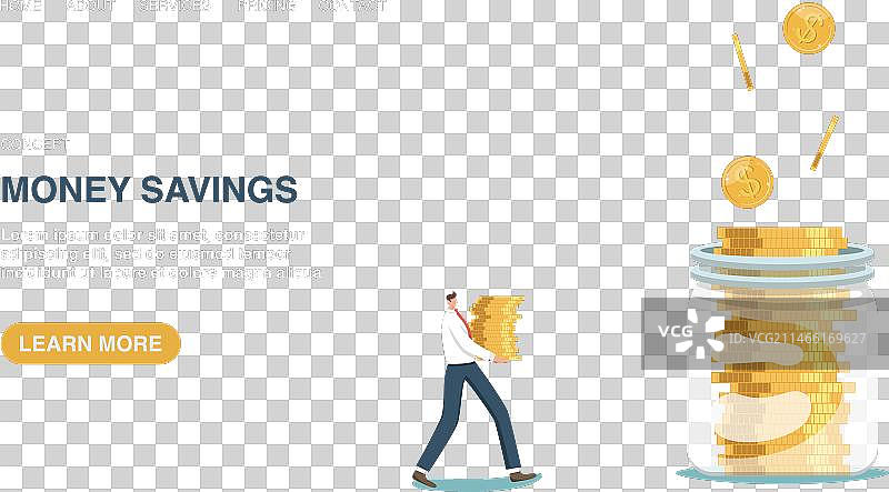 男人抱着一堆硬币到罐子的网页图片素材