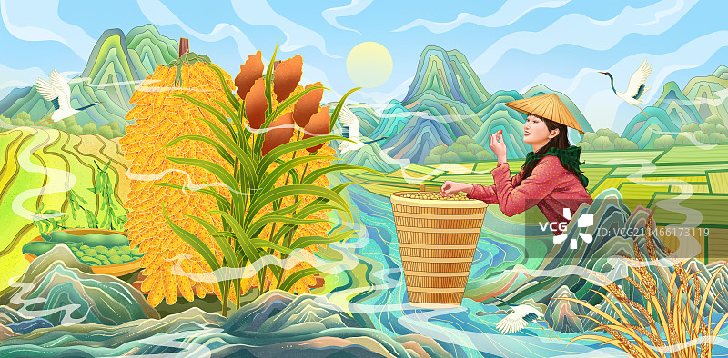 五谷丰登美女国潮风丰收喜庆插画图片素材
