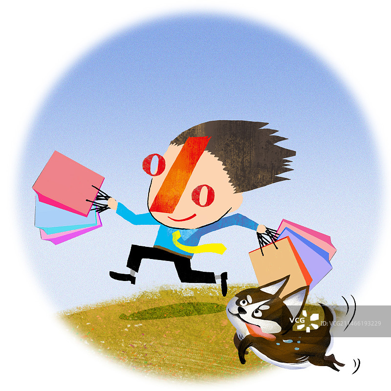 快乐购物的男人跟宠物狗赛跑图片素材