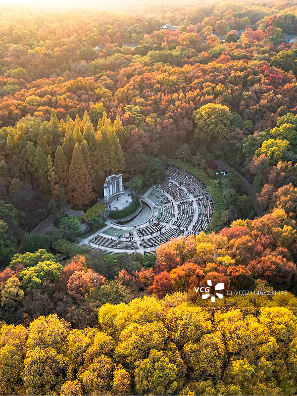 南京秋季秋天钟山风景区音乐台航拍日出日落图片素材