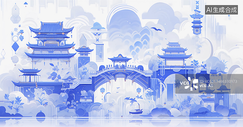【AI数字艺术】青色国风园林建筑插画图片素材