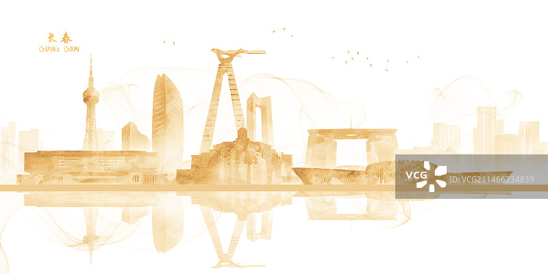 金色长春城市建筑插画背景图片素材