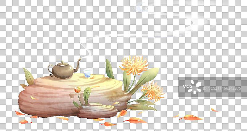 秋季，放在石头上的茶具，石头边菊花盛开，清新卡通系列免扣元素图片素材