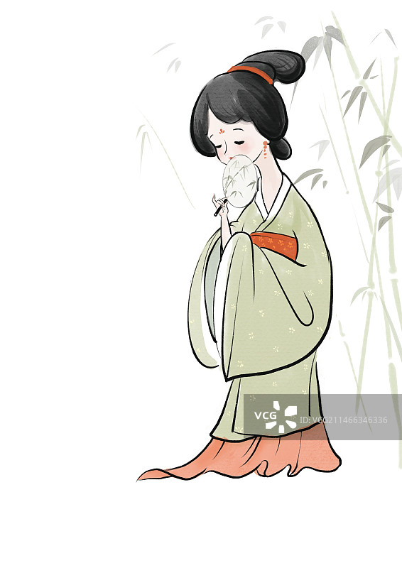 拿着团扇的女子竹林仕女图穿传统服装的女人图片素材