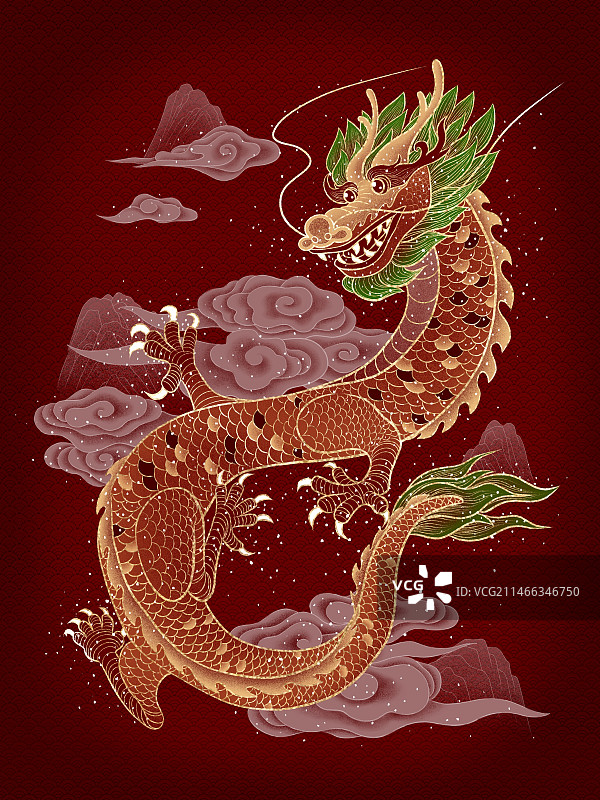 红色飞龙国潮风插画图片素材