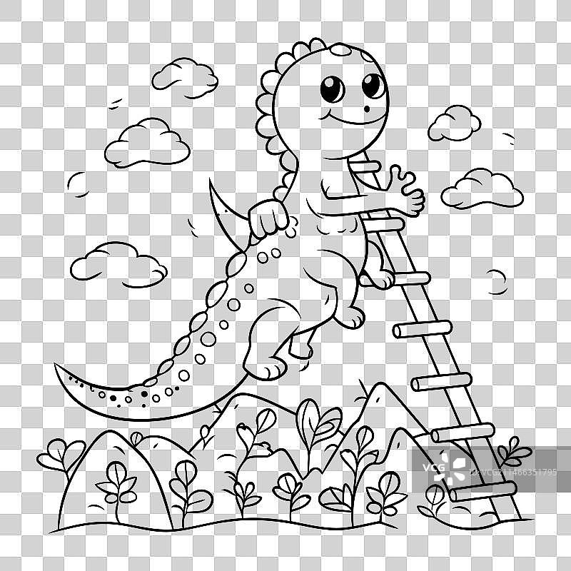可爱恐龙在梯子上，可用于着色书图片素材