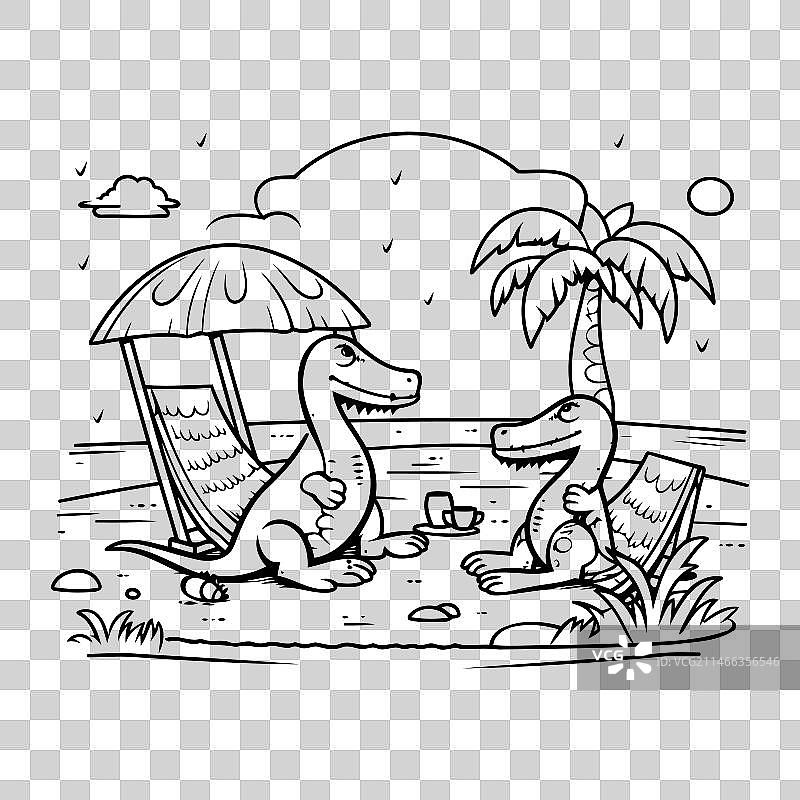 沙滩上的手绘涂鸦风恐龙图片素材