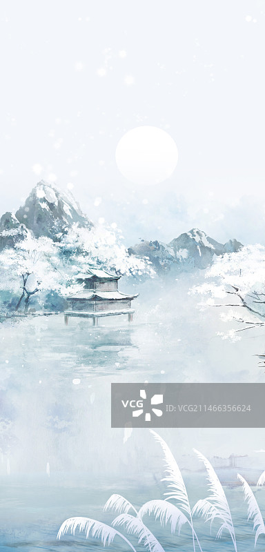 手绘冬季古风意境风景插画大雪冬至背景图片素材
