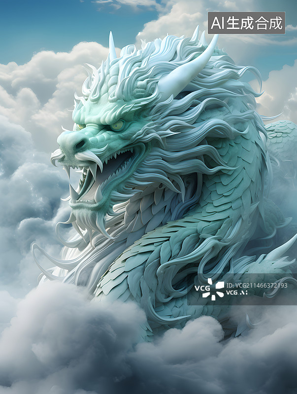 【AI数字艺术】一条青龙在云朵中飞翔图片素材