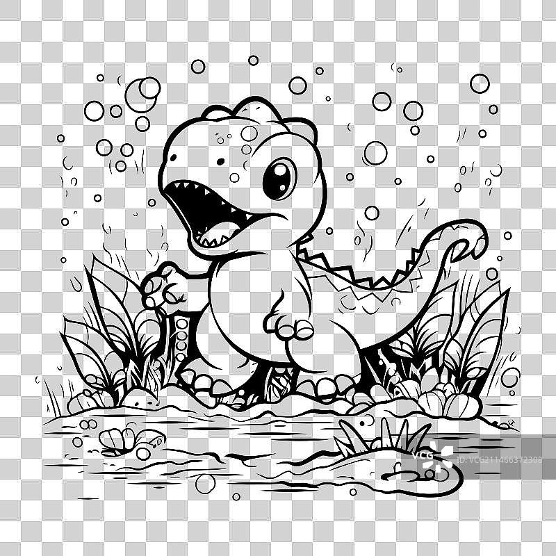 在水中的可爱恐龙，可用于涂色书图片素材