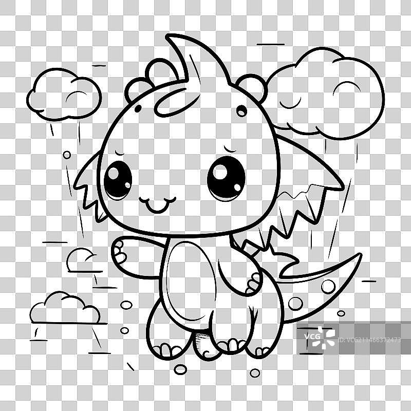 可爱小恐龙坐着的黑白照图片素材