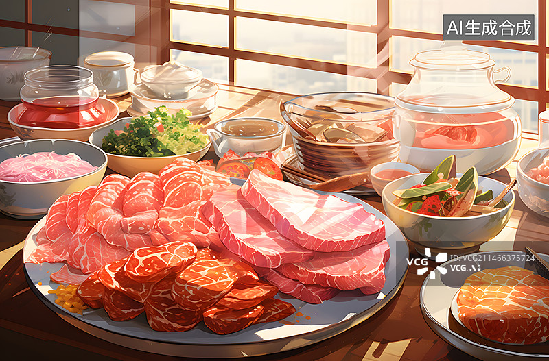 【AI数字艺术】餐桌上的火锅食材插画图片素材