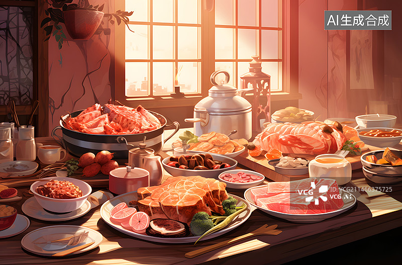 【AI数字艺术】餐桌上的火锅食材插画图片素材