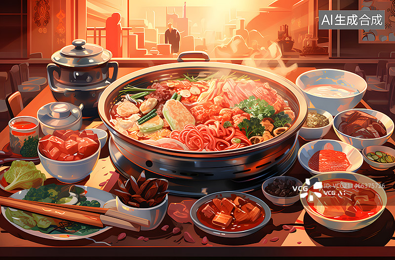 【AI数字艺术】餐桌上的火锅食材插画图片素材