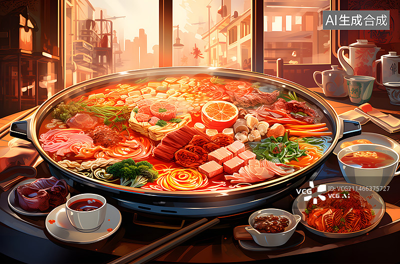 【AI数字艺术】餐桌上的火锅食材插画图片素材