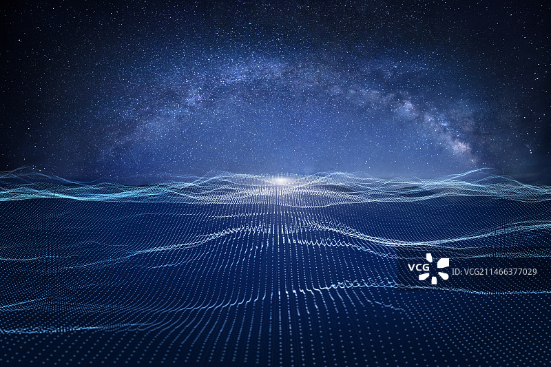 抽象数据波浪与拱形银河星空背景，科技概念背景图图片素材