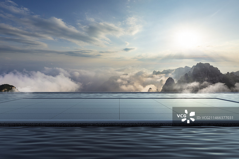 山顶水面上平台与黄昏时云雾围绕的壮美山峰，汽车广告背景图图片素材