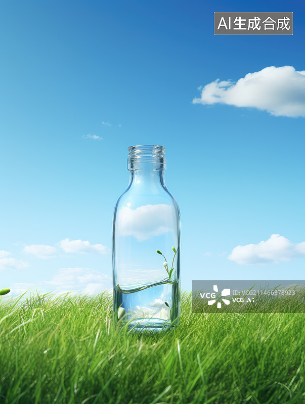 【AI数字艺术】蓝天下草地上的玻璃瓶图片素材