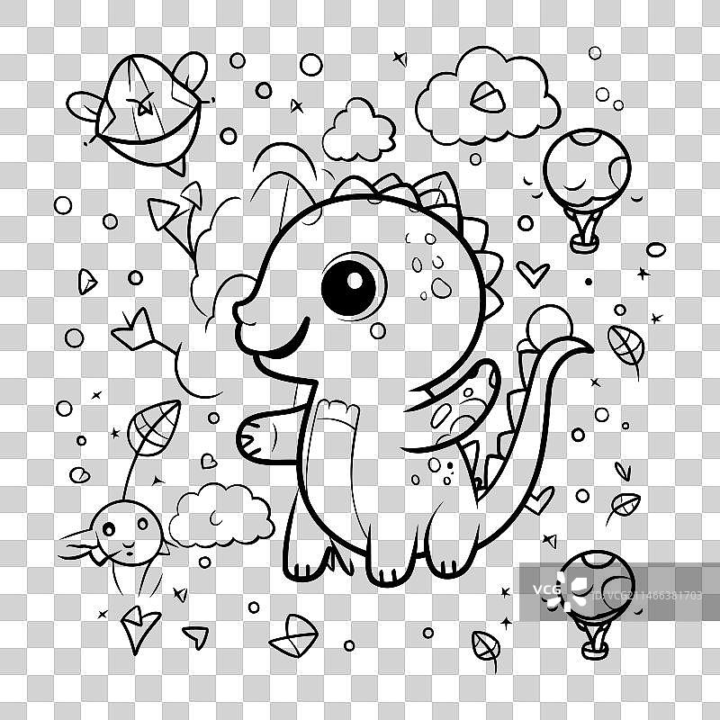 可爱卡通恐龙涂色页线稿图片素材