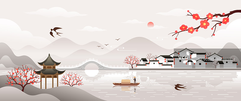 冬春梅花梅枝梅树腊梅和江南水乡古镇村庄亭子山水湖面倒影木船小船燕子新中式复古国风国潮高雅装饰国画插画图片素材