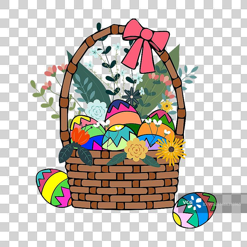 装满复活节彩蛋的篮子，白色背景图片素材