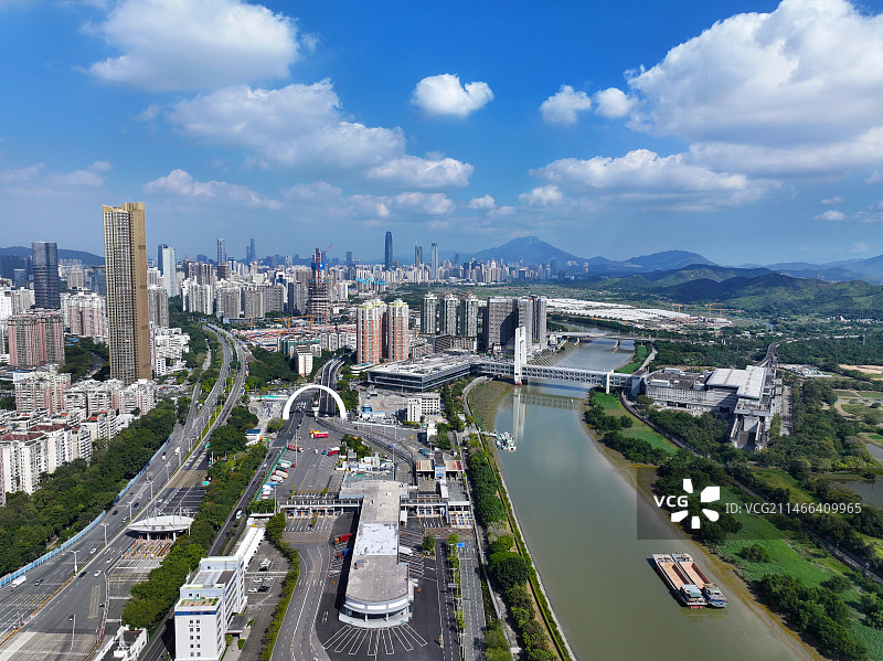 广东省深圳市福田保税区深圳深港河套合作区福田口岸航拍图片素材