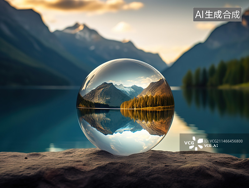 【AI数字艺术】夕阳下的群山对峙的湖景图片素材