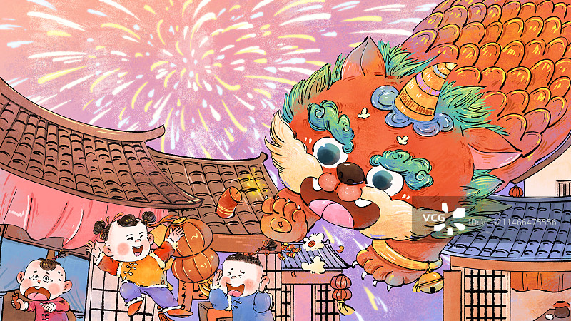 水墨新春春节之年兽来了可爱儿童插画图片素材