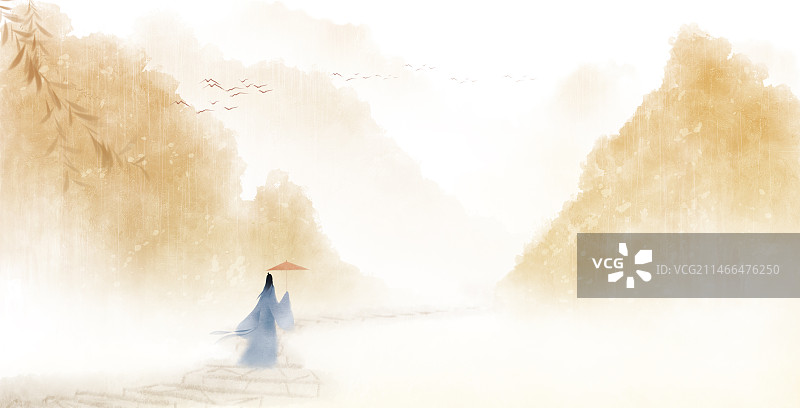 古风风景撑着油纸伞在雨中山行的逍遥诗人风景插画图片素材