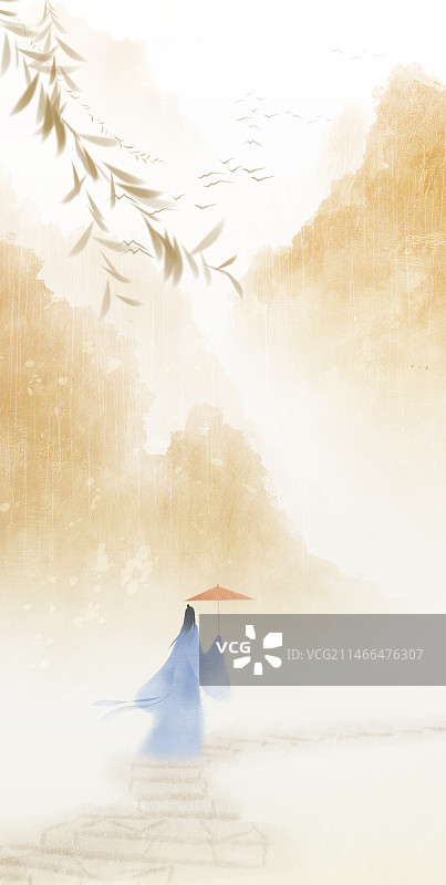 古风风景撑着油纸伞在雨中山行的逍遥诗人风景插画图片素材
