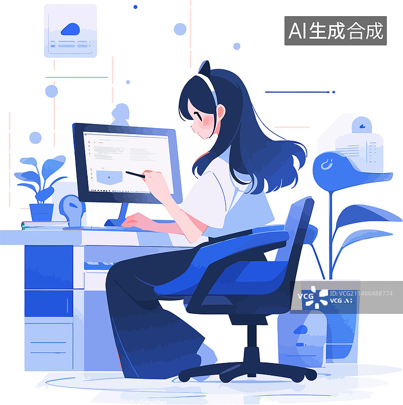 【AI数字艺术】电脑前正在工作学习追剧的女孩图片素材
