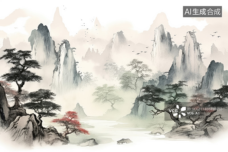 【AI数字艺术】中国画中岩石间生长的松树图片素材