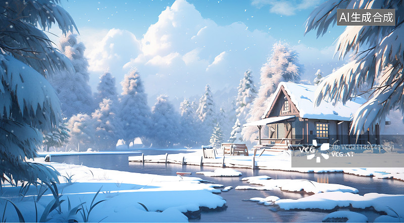 【AI数字艺术】冬天湖边雾凇下的小屋图片素材