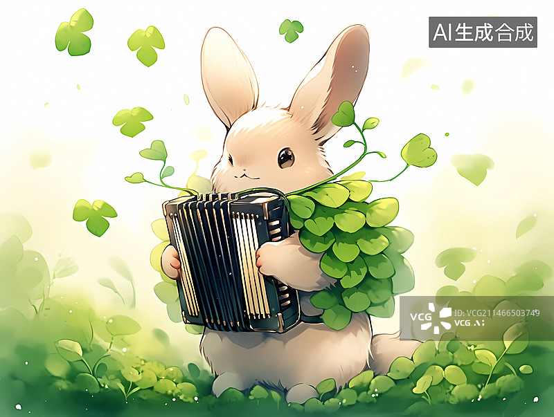 【AI数字艺术】在草丛中拉手风琴的小兔子图片素材