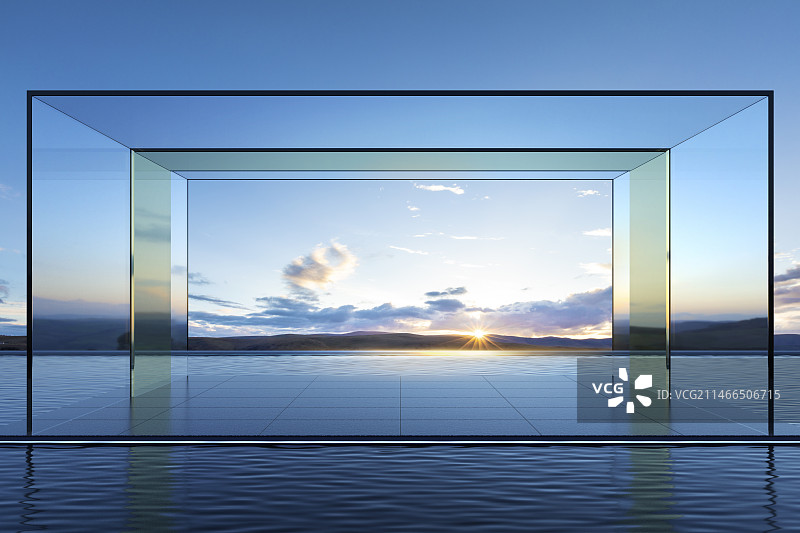 水面上平台与玻璃幕形成的现代建筑空间，未来科技风格背景图片素材