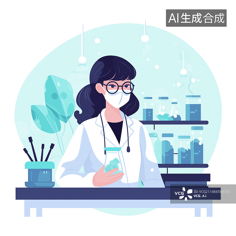 【AI数字艺术】实验室穿着实验服和戴口罩的女科研人员黑色头发扁平插画风格图片素材