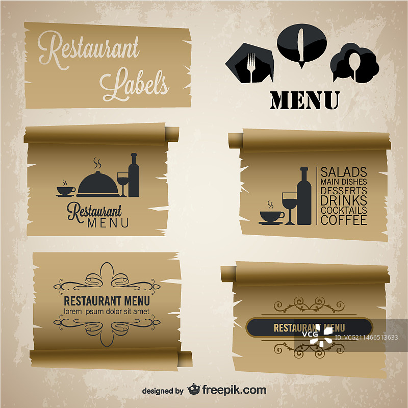 餐厅菜单复古纸质标签套装图片素材