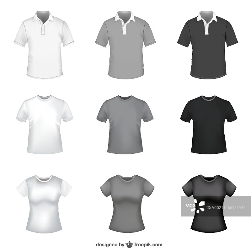 男女款白色、灰色和黑色T恤图片素材