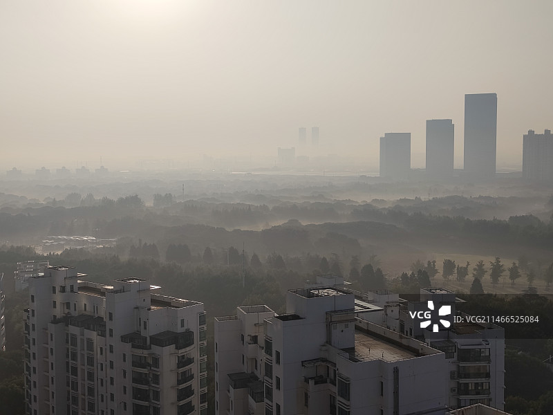 清晨大雾中的世纪公园 高视角拍摄上海浦东世纪公园和城市天际线图片素材
