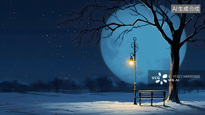 【AI数字艺术】AIGC:公园路灯下的长椅 冬天 寒冷 夜晚 月亮 星空图片素材