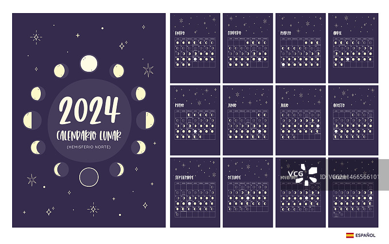 2024年北半球月相日历（西班牙语）图片素材