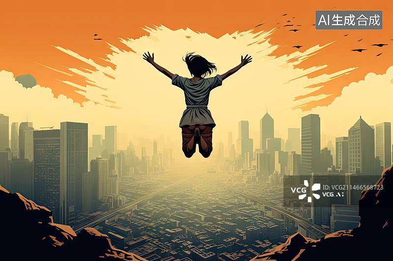 【AI数字艺术】城市天际线前跳跃的女孩图片素材