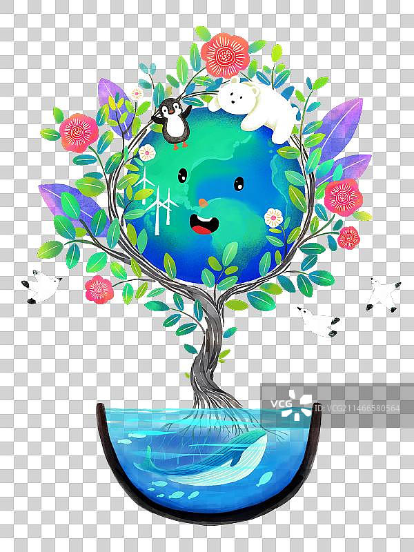 环保元素-净化的水上被树枝包裹的地球图片素材